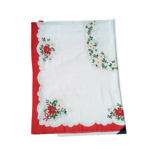 Vintage Christmas Poinsettia Tablecloth Square White Red Floral Holiday Decor - Picture 2 of 3